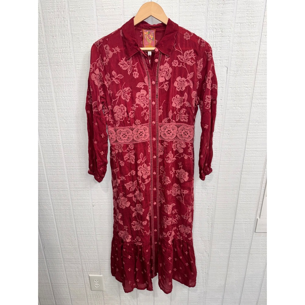 Johnny Was Gwyneira Rosie Dress Women Red Embroidered Midi Button Front Small